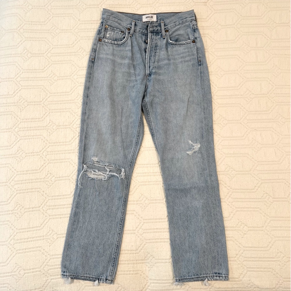Agolde Riley Distressed High Rise Jeans • 25 • Light Denim Distressed EUC